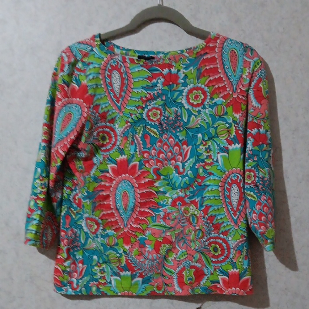 Talbots Boxy Blue and Pink Graphic 3/4 Sleeve Blouse